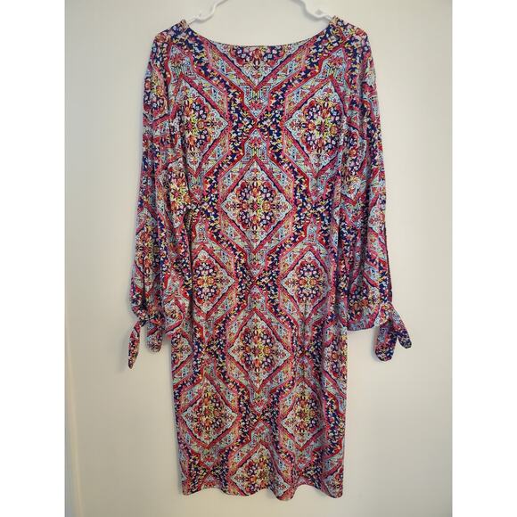 Chico’s Medallion Shift Dress Tie Sleeves Stretchy No Iron Women’s Sz 3 16-18‎ - Picture 2 of 5